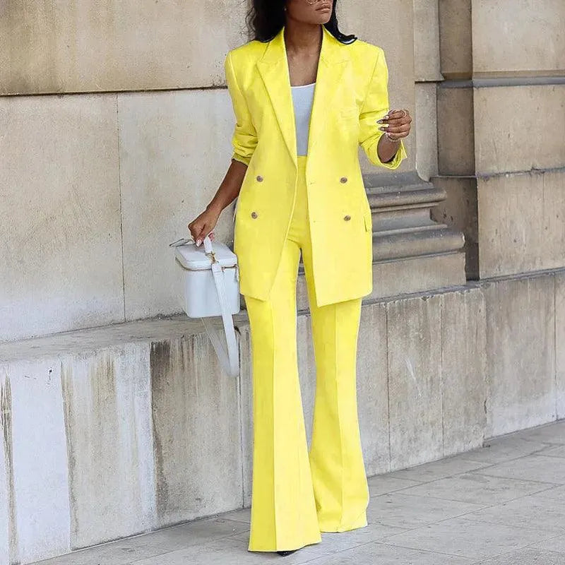 Women's Double-Breasted Blazer - Sophisticated Tailored Design with Flared Hem