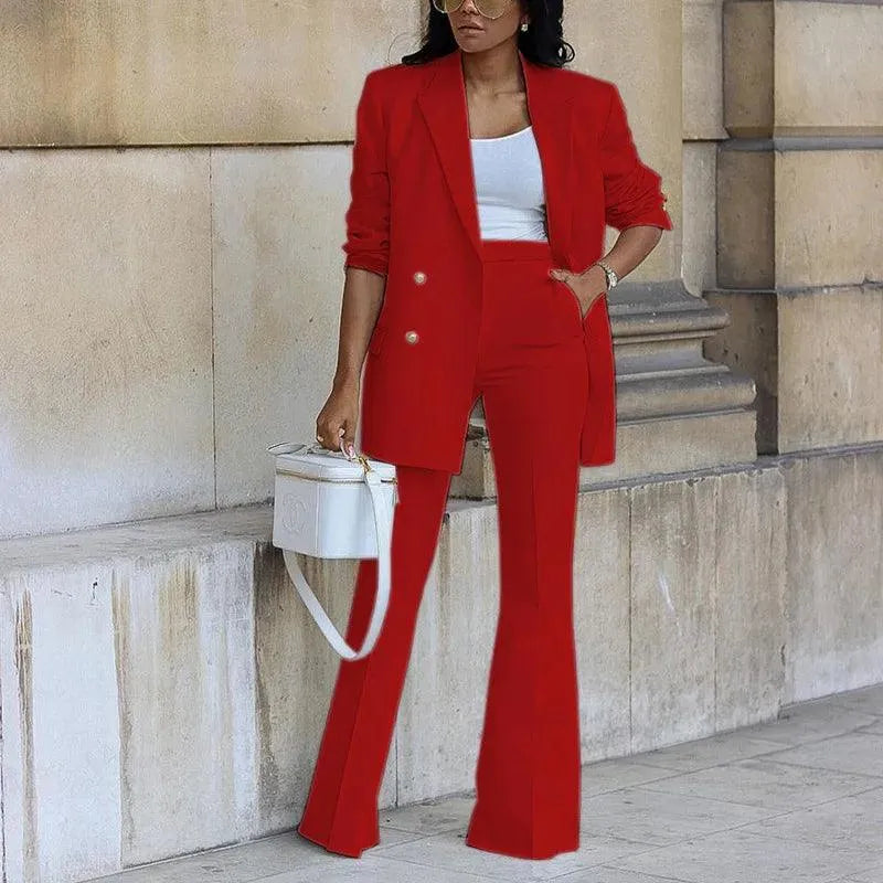 Women's Double-Breasted Blazer - Sophisticated Tailored Design with Flared Hem