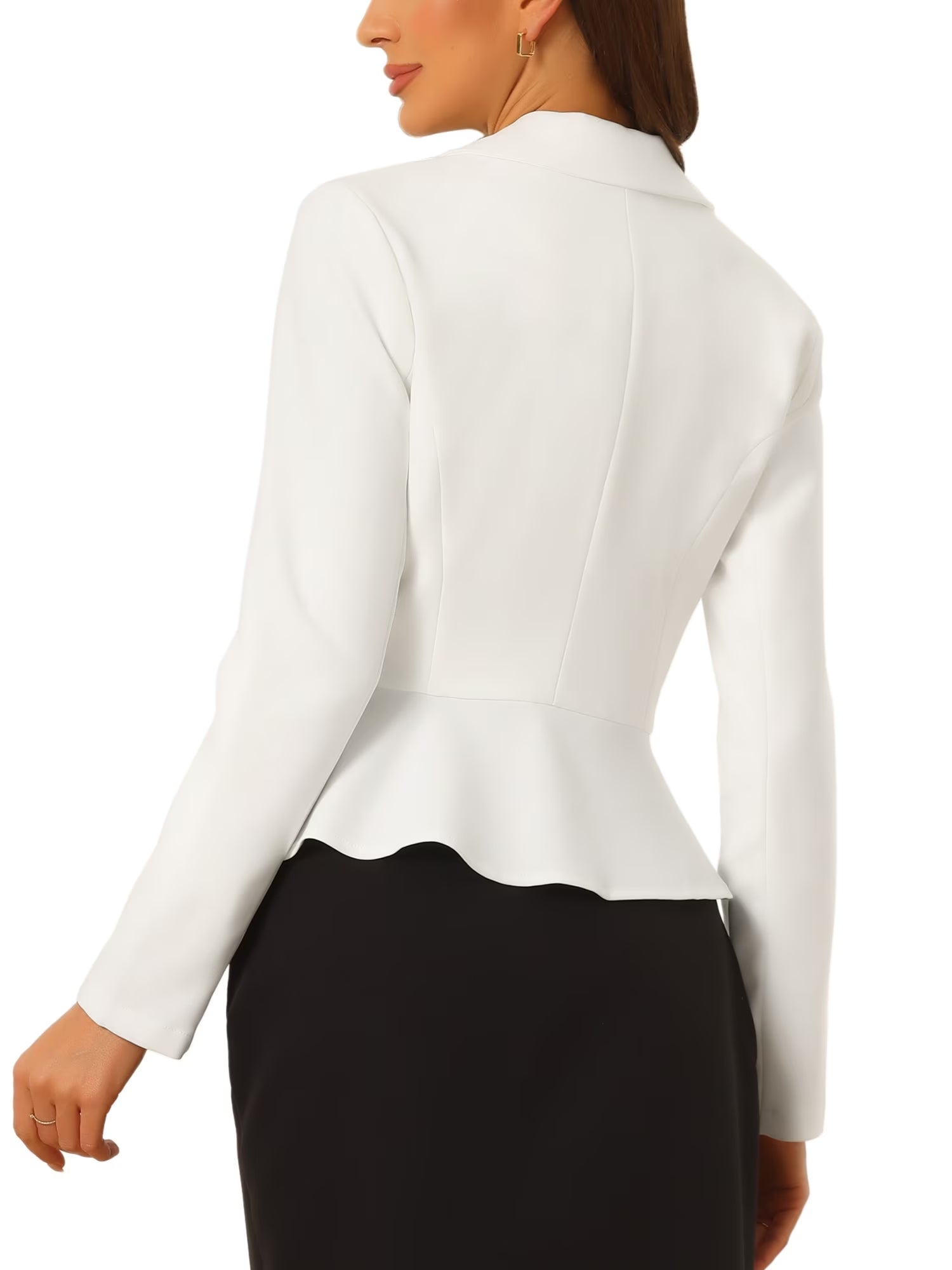 Women's XL White Work Short Blazer with Lapel Collar and Long Sleeves, Ruffle Detail, Casual Office Jacket