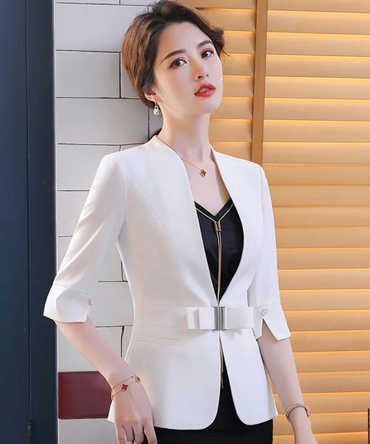 Naviu Women's Half Sleeve Slim Fit Blazer - Summer Business Casual Coat with Stand Collar