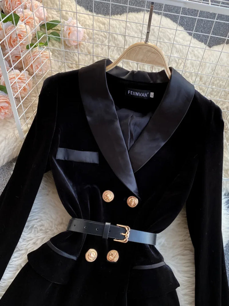 Women's Velvet Blazer Coat - Double Breasted Long Sleeve Suit Jacket with Belt - Slim Fit Winter Outwear in Black