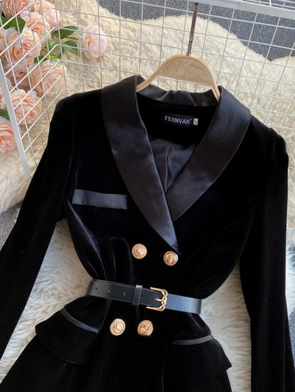 Women's Velvet Blazer Coat - Double Breasted Long Sleeve Suit Jacket with Belt - Slim Fit Winter Outwear in Black