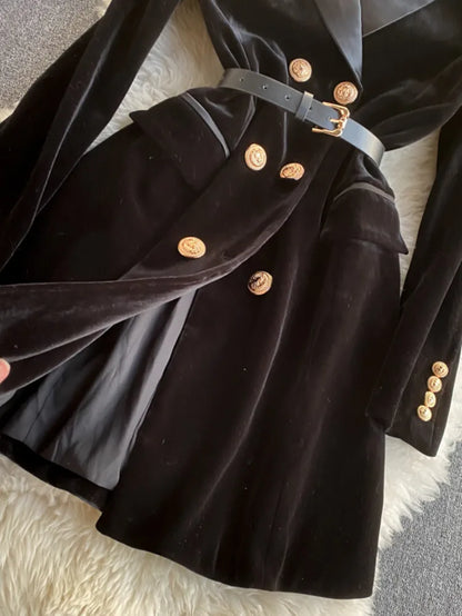 Women's Velvet Blazer Coat - Double Breasted Long Sleeve Suit Jacket with Belt - Slim Fit Winter Outwear in Black