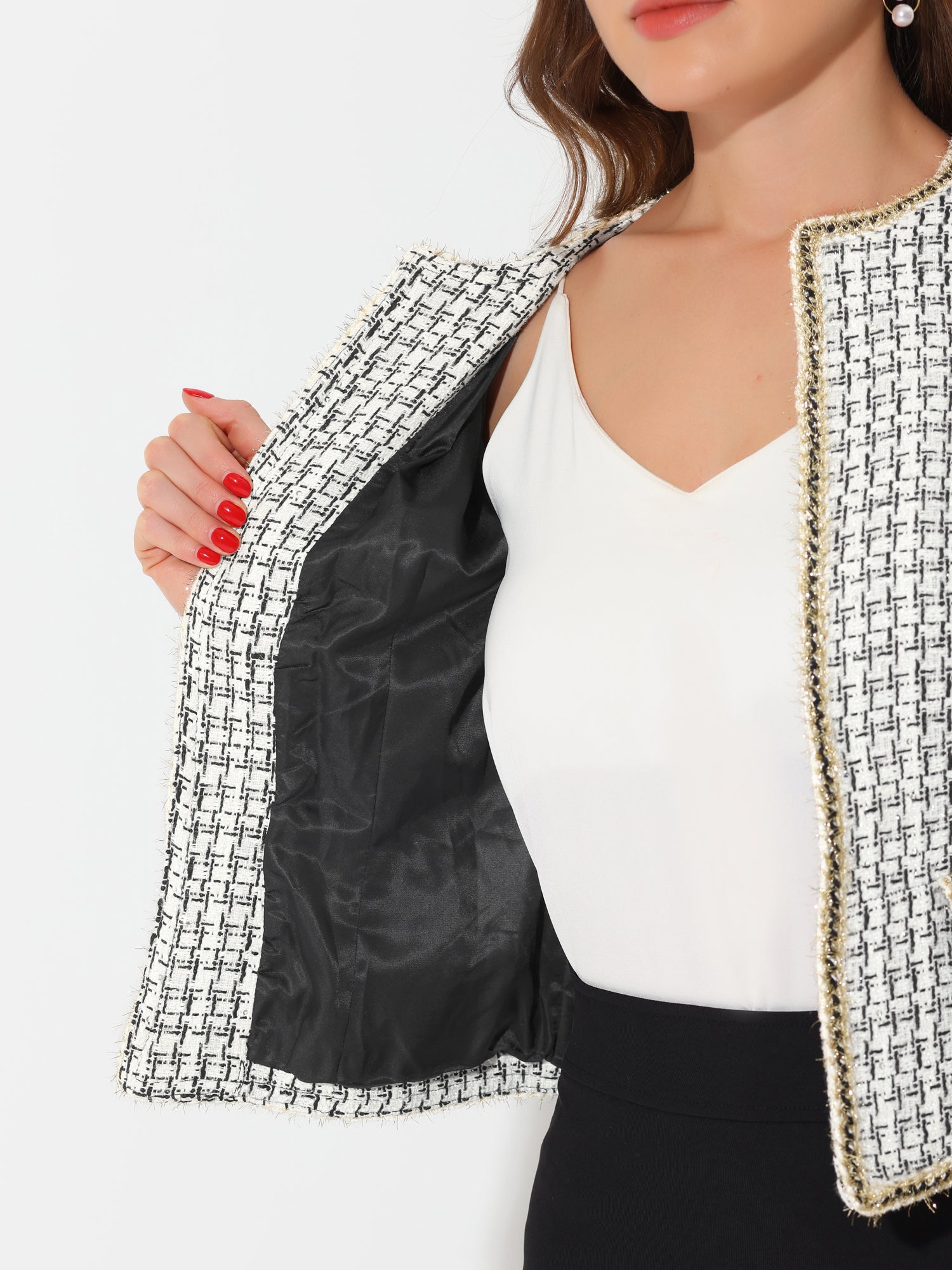 Women's Plaid Tweed Open Front Blazer - Short Office Jacket in White