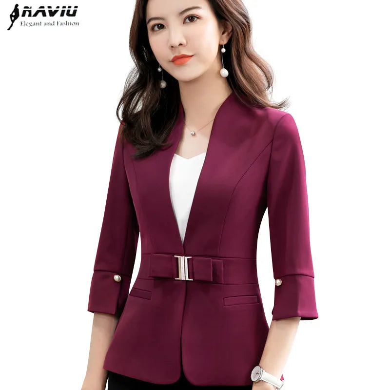 Naviu Women's Half Sleeve Slim Fit Blazer - Summer Business Casual Coat with Stand Collar