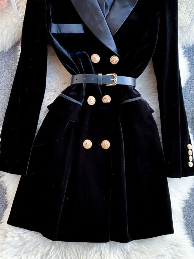 Women's Velvet Blazer Coat - Double Breasted Long Sleeve Suit Jacket with Belt - Slim Fit Winter Outwear in Black