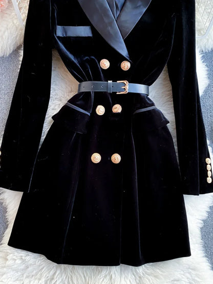 Women's Velvet Blazer Coat - Double Breasted Long Sleeve Suit Jacket with Belt - Slim Fit Winter Outwear in Black