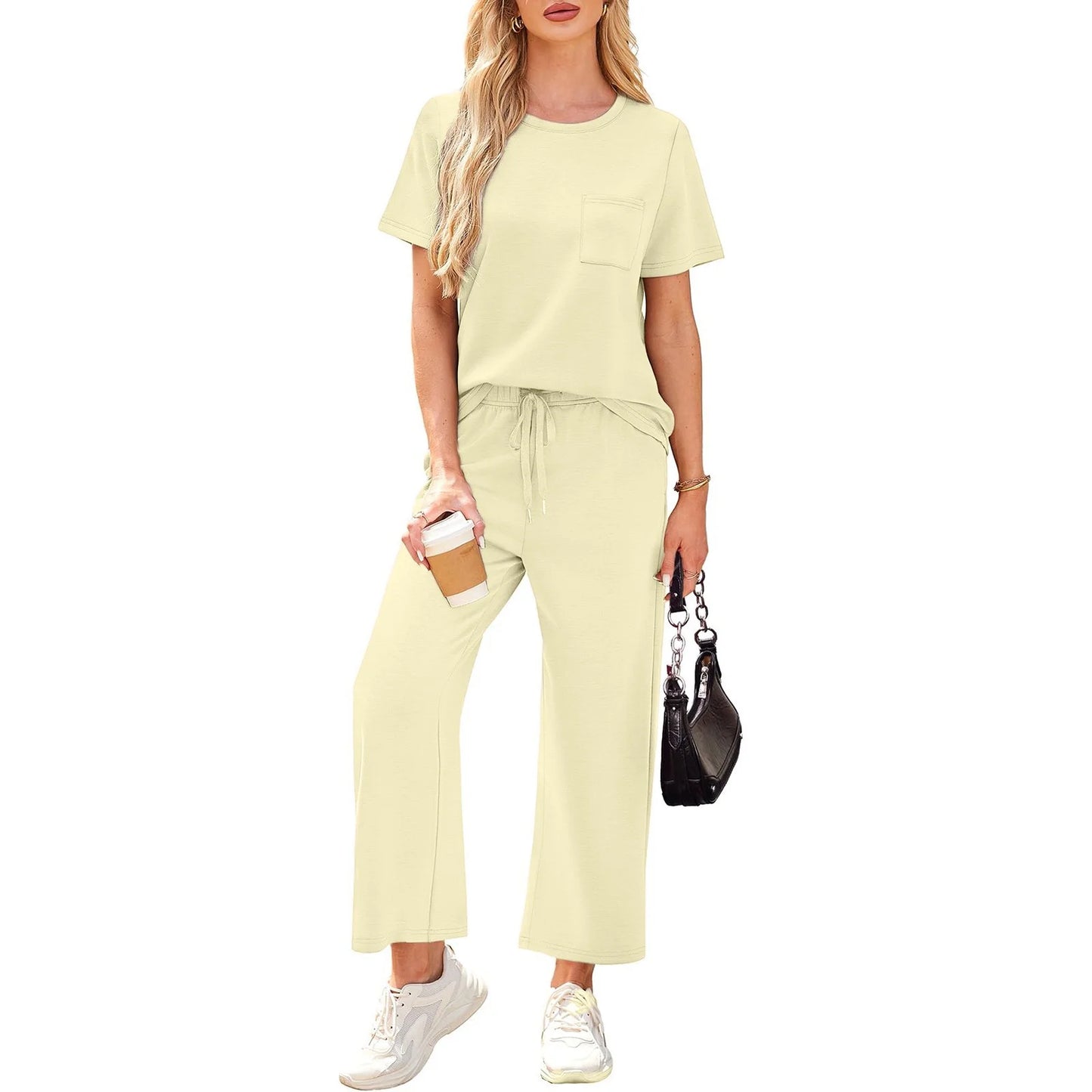 Stylish Beige Two-Piece Summer Lounge Set for Women - Short Sleeve & Wide Leg Tracksuit