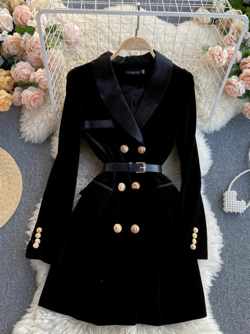 Women's Velvet Blazer Coat - Double Breasted Long Sleeve Suit Jacket with Belt - Slim Fit Winter Outwear in Black