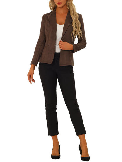 Women's Faux Suede Blazer with Lapel Collar and Long Sleeves, Work-Appropriate Jacket, Size XS, Coffee Color