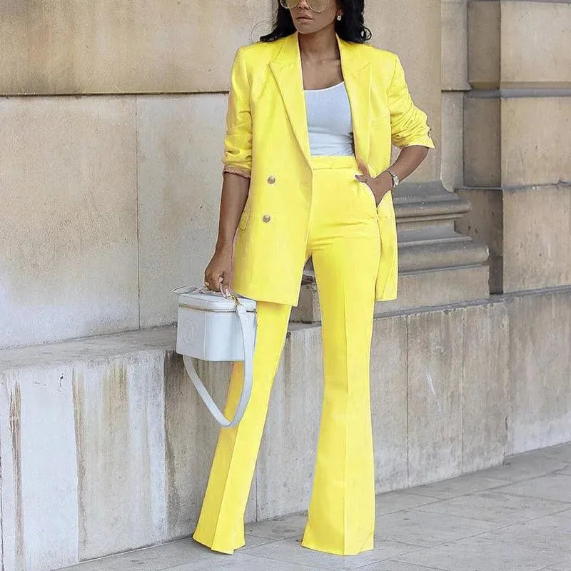 Women's Double-Breasted Blazer - Sophisticated Tailored Design with Flared Hem