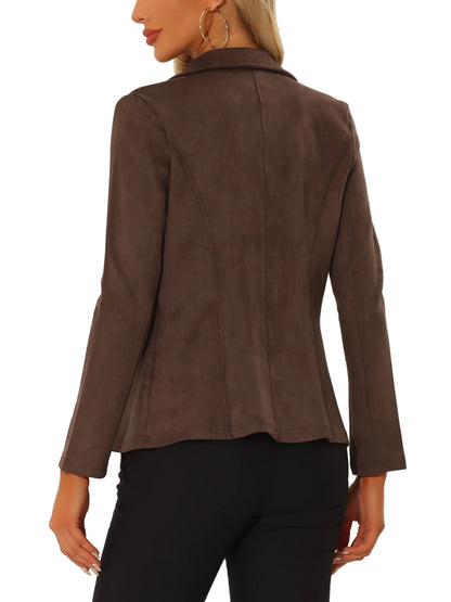 Women's Faux Suede Blazer with Lapel Collar and Long Sleeves, Work-Appropriate Jacket, Size XS, Coffee Color