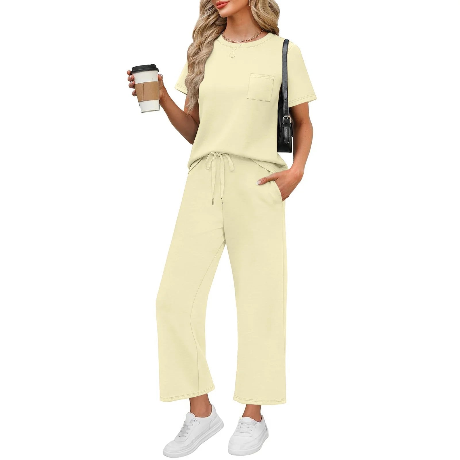 Stylish Beige Two-Piece Summer Lounge Set for Women - Short Sleeve & Wide Leg Tracksuit