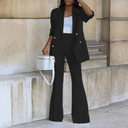 Women's Double-Breasted Blazer - Sophisticated Tailored Design with Flared Hem
