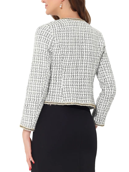 Women's Plaid Tweed Open Front Blazer - Short Office Jacket in White