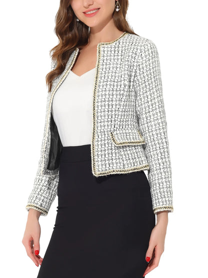 Women's Plaid Tweed Open Front Blazer - Short Office Jacket in White
