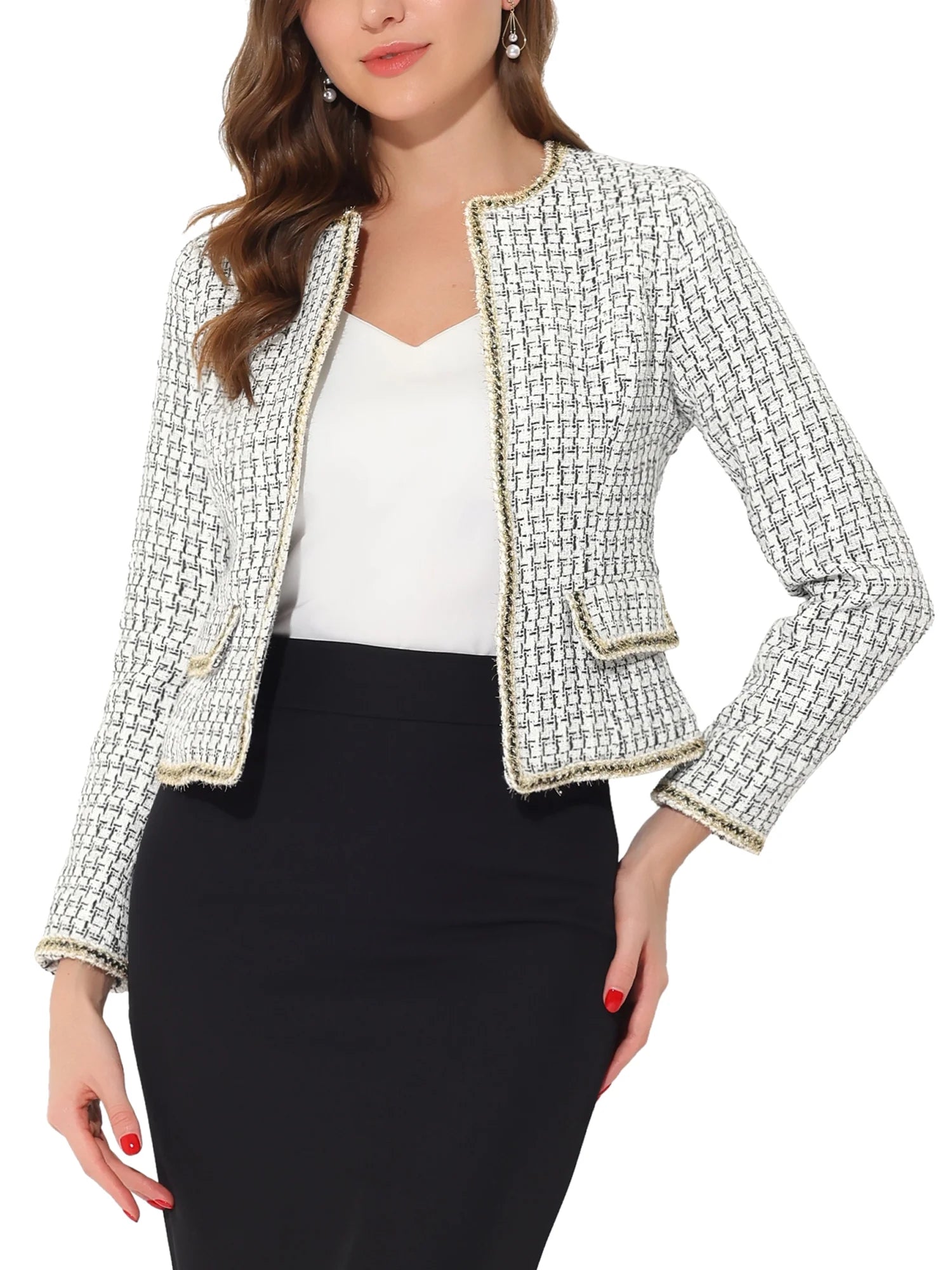 Women's Plaid Tweed Open Front Blazer - Short Office Jacket in White