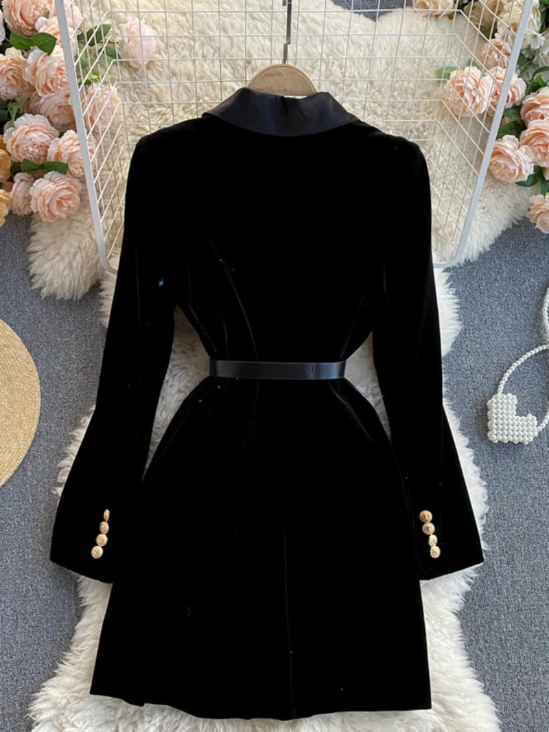 Women's Velvet Blazer Coat - Double Breasted Long Sleeve Suit Jacket with Belt - Slim Fit Winter Outwear in Black