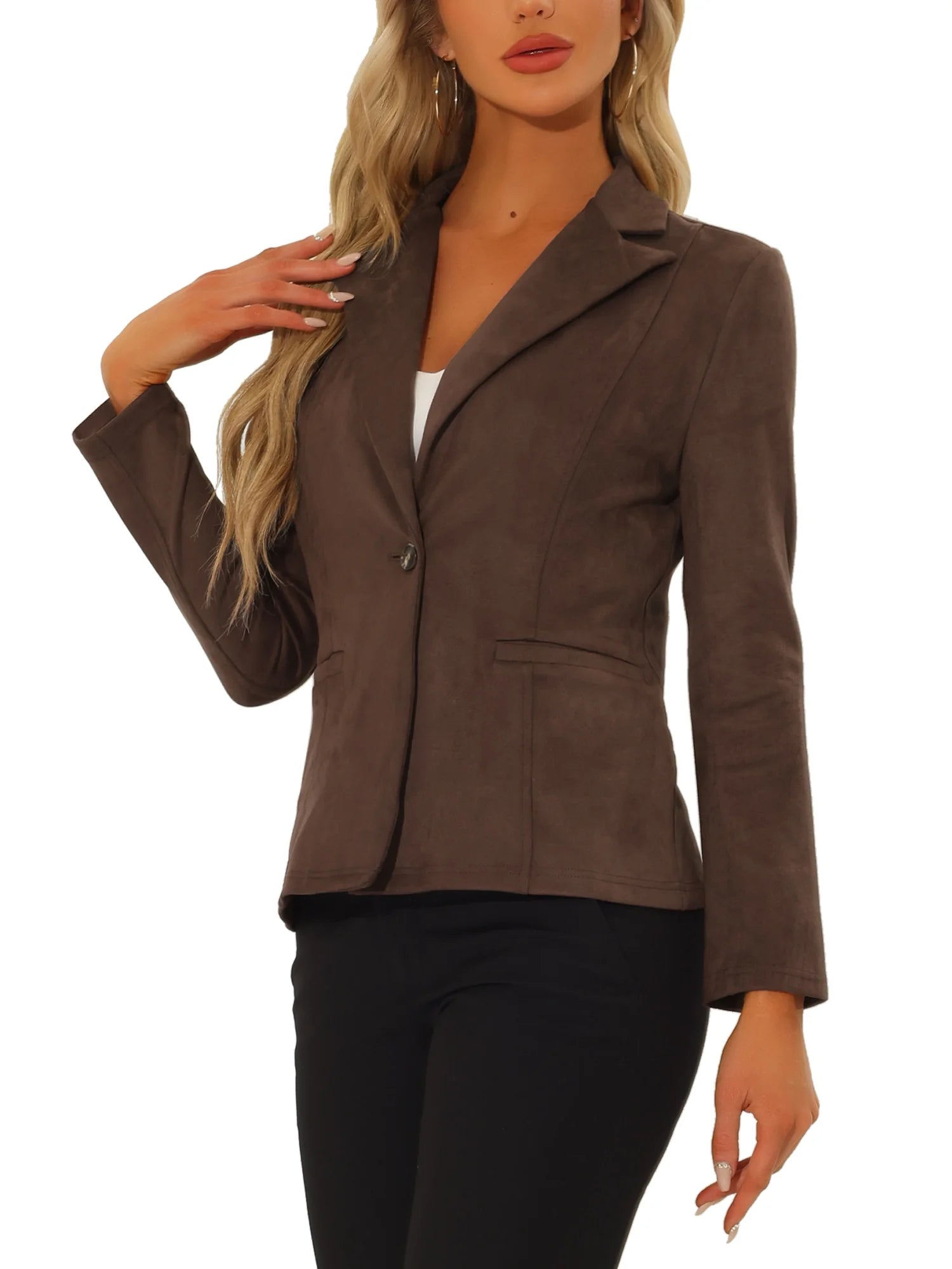 Women's Faux Suede Blazer with Lapel Collar and Long Sleeves, Work-Appropriate Jacket, Size XS, Coffee Color
