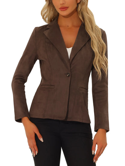 Women's Faux Suede Blazer with Lapel Collar and Long Sleeves, Work-Appropriate Jacket, Size XS, Coffee Color