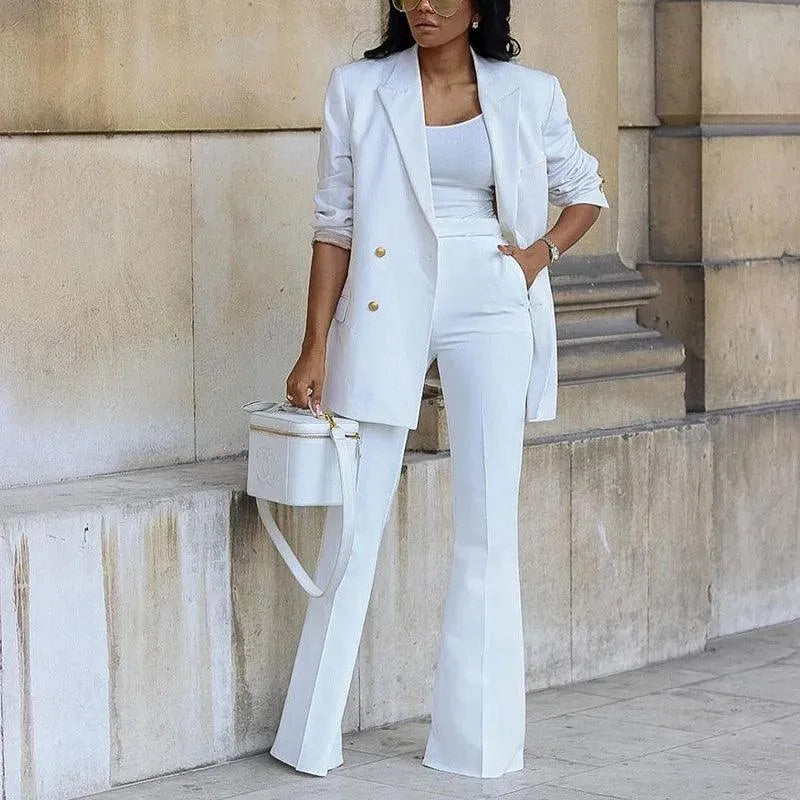 Women's Double-Breasted Blazer - Sophisticated Tailored Design with Flared Hem