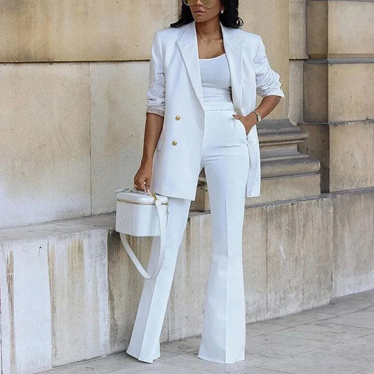 Women's Double-Breasted Blazer - Sophisticated Tailored Design with Flared Hem