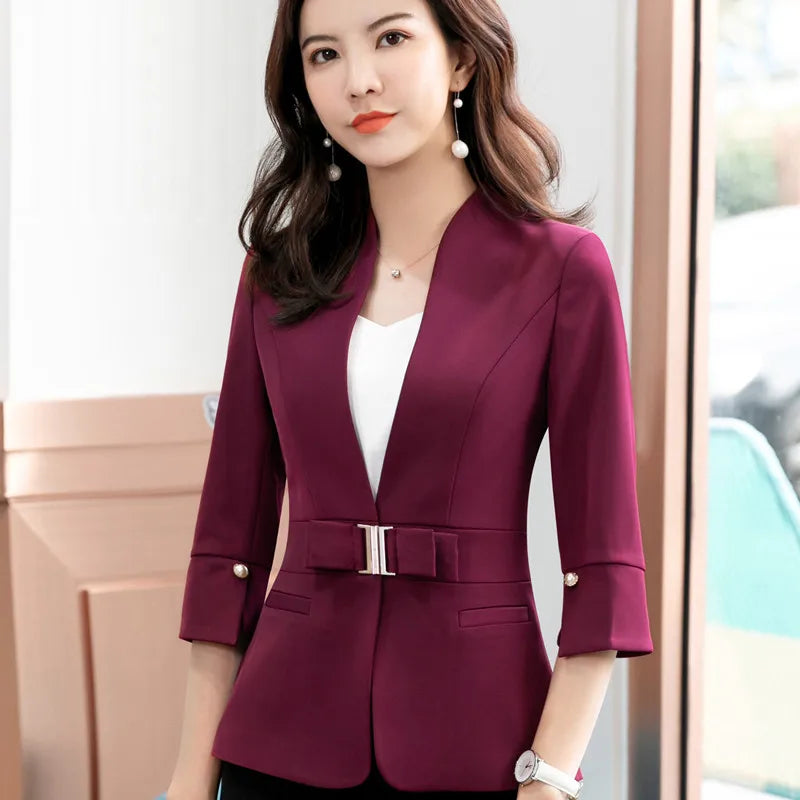 Naviu Women's Half Sleeve Slim Fit Blazer - Summer Business Casual Coat with Stand Collar