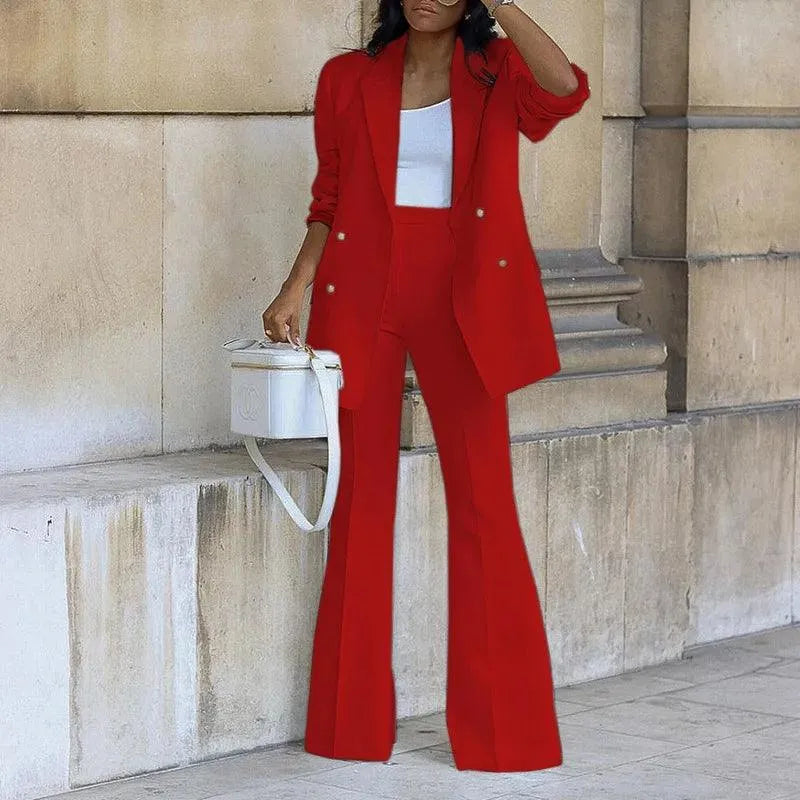Women's Double-Breasted Blazer - Sophisticated Tailored Design with Flared Hem