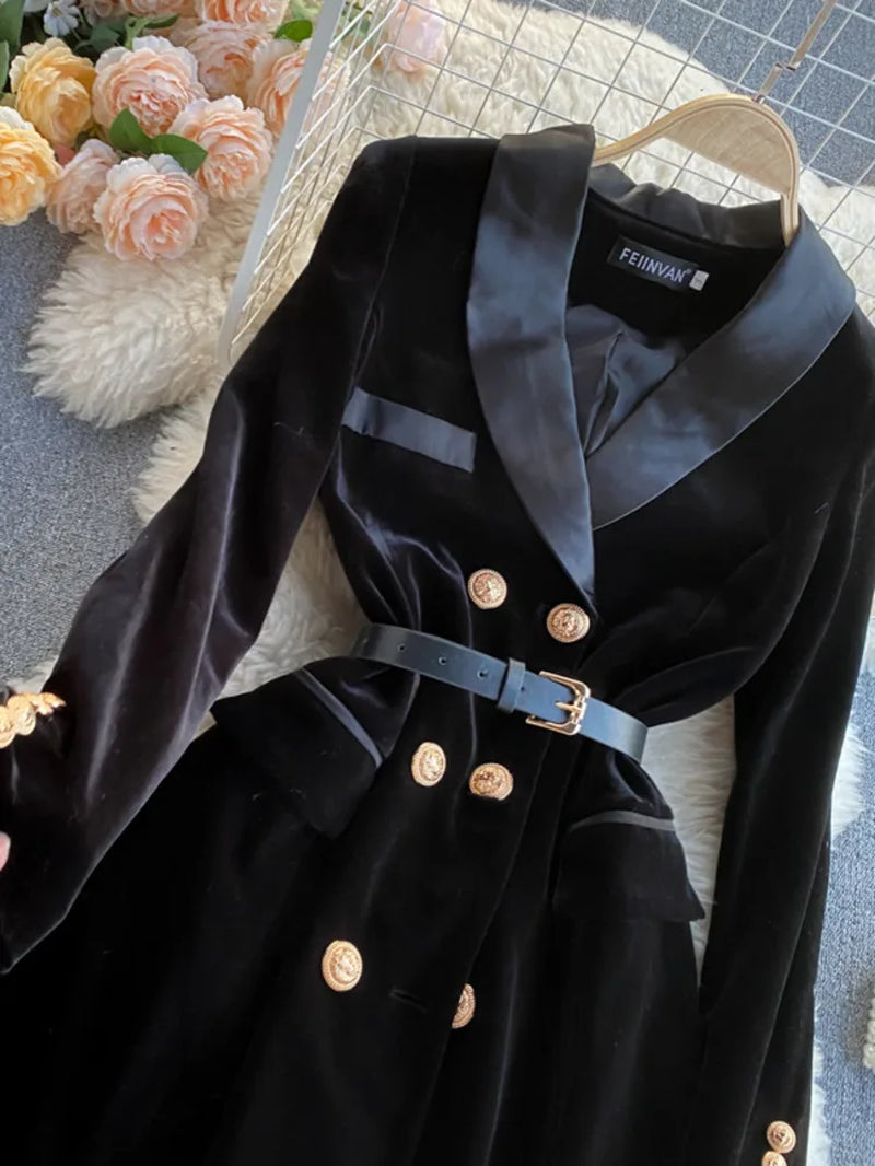 Women's Velvet Blazer Coat - Double Breasted Long Sleeve Suit Jacket with Belt - Slim Fit Winter Outwear in Black