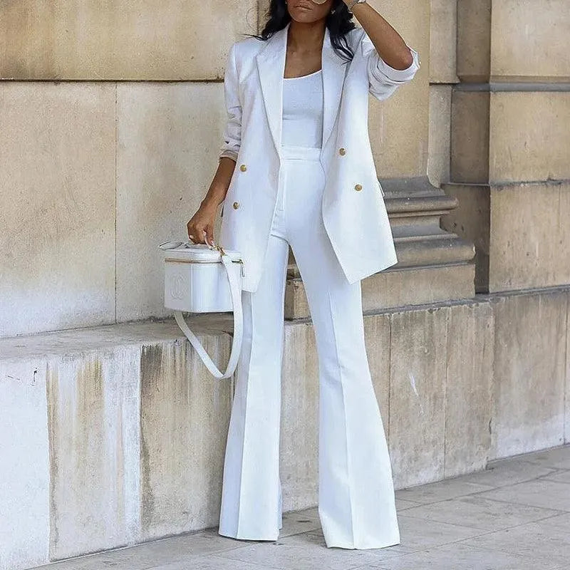 Women's Double-Breasted Blazer - Sophisticated Tailored Design with Flared Hem