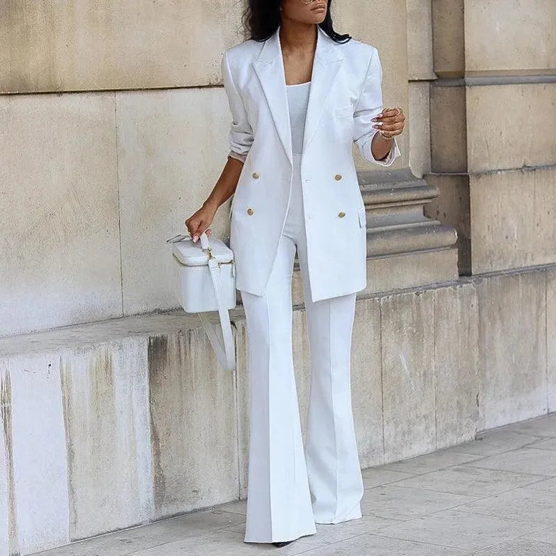 Women's Double-Breasted Blazer - Sophisticated Tailored Design with Flared Hem
