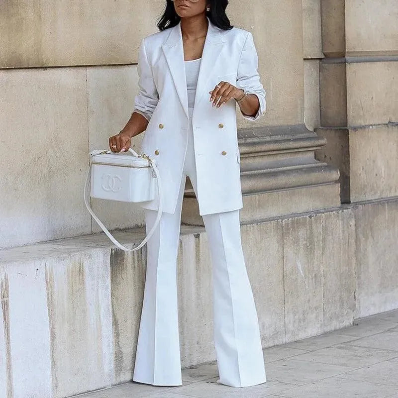 Women's Double-Breasted Blazer - Sophisticated Tailored Design with Flared Hem
